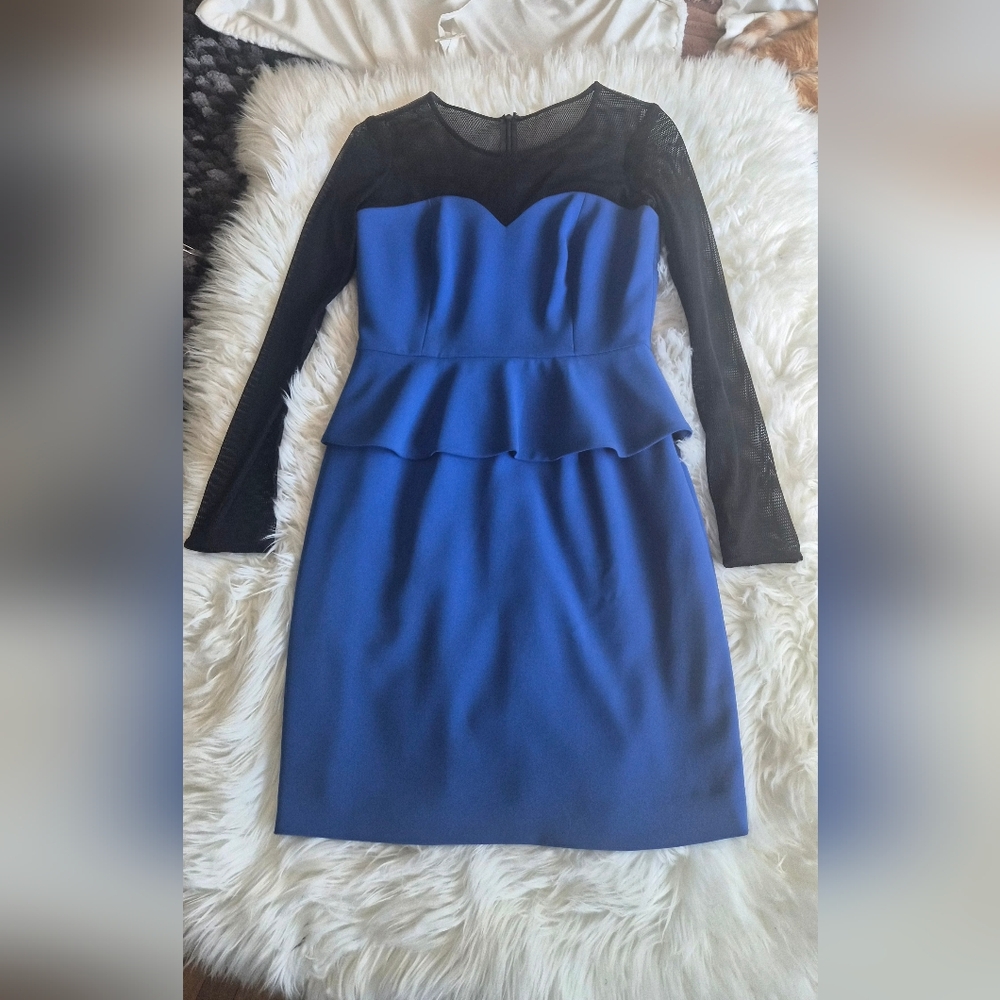 JAYGODFREY Royal Blue Peplum Sheath Dress with Black Mesh Sleeves